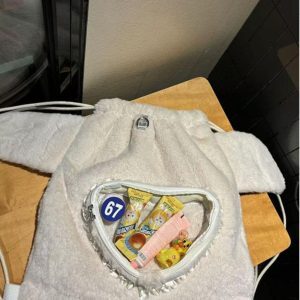 Adorable Two-Dimensional Pain Plush Backpack with Angel Wings - Cute Heart Drawstring Book Bag for Autumn & Winter