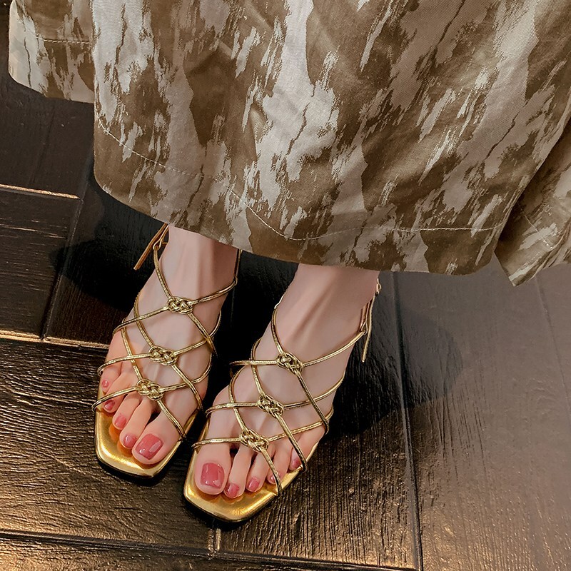 Aegean Sea French Vacation Style Knotted Golden Open-Toe Sandals for Women - Retro Woven Mid-Heel Roman Shoes 3cm