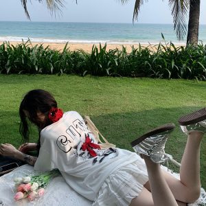 American Cartoon Letter Print Bow Short Sleeve T-Shirt for Couples - Casual Loose Fit Top, Y2K Style, Matching Outfits