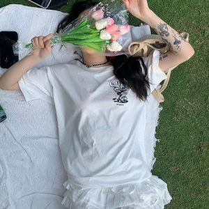 American Cartoon Letter Print Bow Short Sleeve T-Shirt for Couples - Casual Loose Fit Top, Y2K Style, Matching Outfits