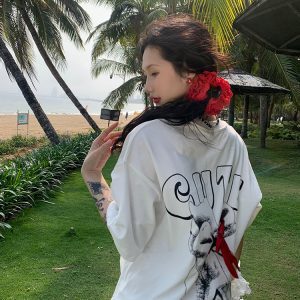 American Cartoon Letter Print Bow Short Sleeve T-Shirt for Couples - Casual Loose Fit Top, Y2K Style, Matching Outfits