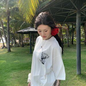 American Cartoon Letter Print Bow Short Sleeve T-Shirt for Couples - Casual Loose Fit Top, Y2K Style, Matching Outfits