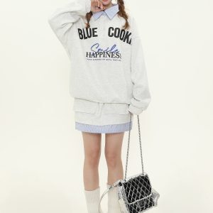 American College Style Letter Print Polo Collar Sweatshirt and Short Skirt Two-Piece Set for Women, Spring Autumn Fashion Outfit