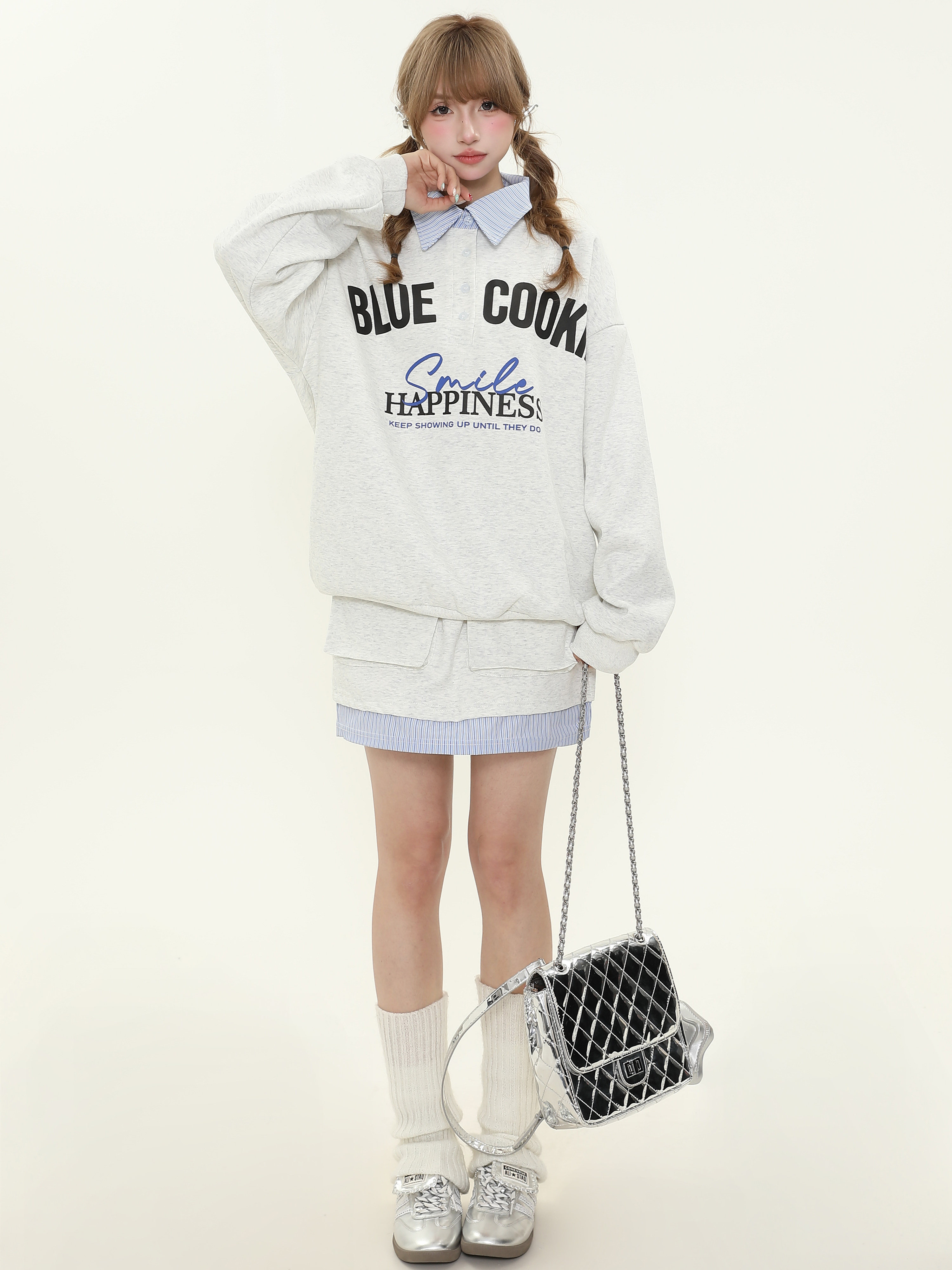 American College Style Letter Print Polo Collar Sweatshirt and Short Skirt Two-Piece Set for Women, Spring Autumn Fashion Outfit