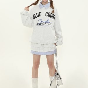 American College Style Letter Print Polo Collar Sweatshirt and Short Skirt Two-Piece Set for Women, Spring Autumn Fashion Outfit