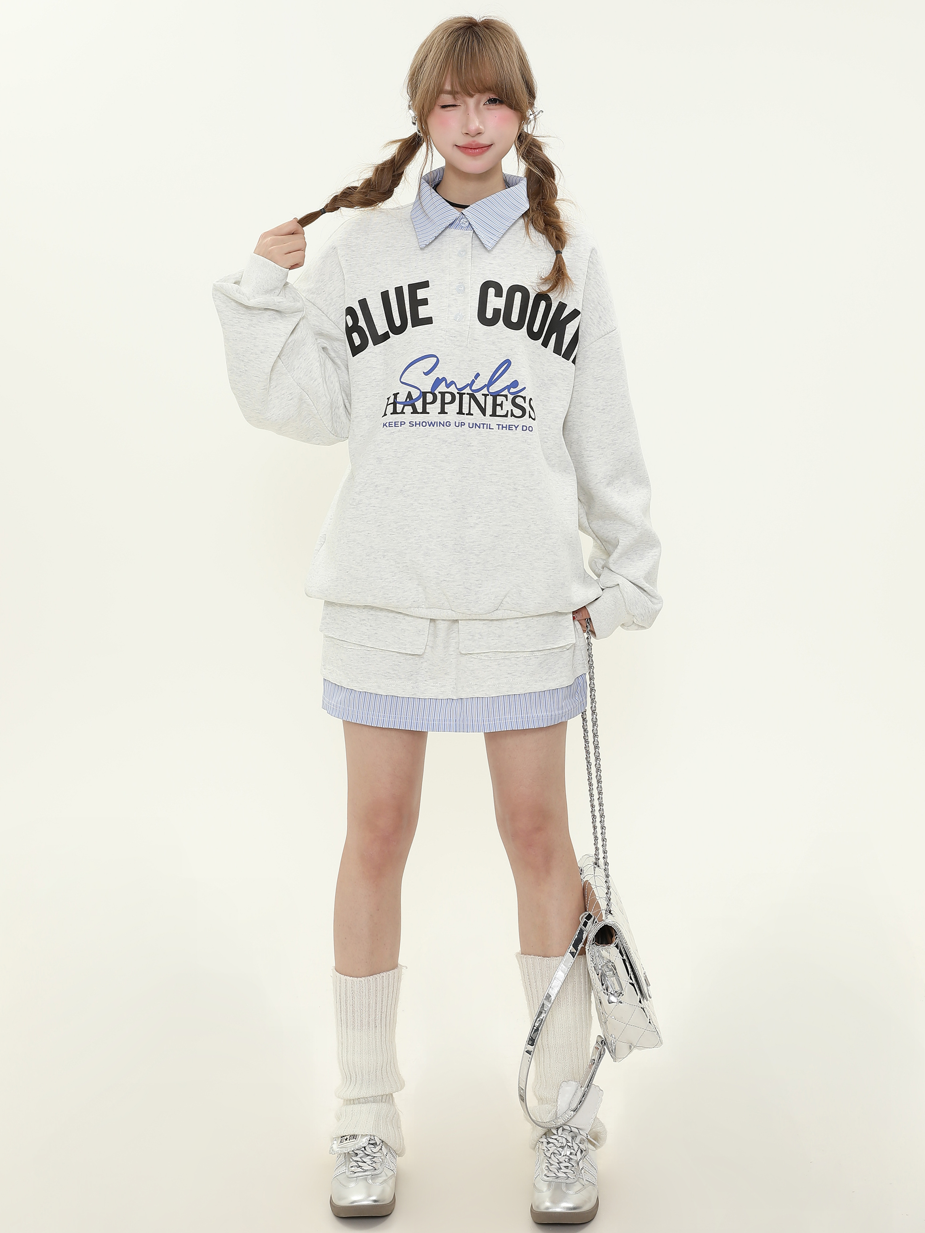 American College Style Letter Print Polo Collar Sweatshirt and Short Skirt Two-Piece Set for Women, Spring Autumn Fashion Outfit