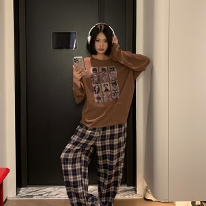 American Creative Portrait Printed Long Sleeve T-Shirt for Couples - Casual Loose Fit Top for Spring/Summer 2025