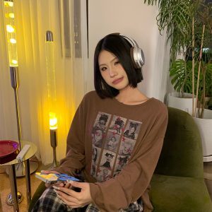American Creative Portrait Printed Long Sleeve T-Shirt for Couples - Casual Loose Fit Top for Spring/Summer 2025
