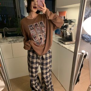 American Creative Portrait Printed Long Sleeve T-Shirt for Couples - Casual Loose Fit Top for Spring/Summer 2025