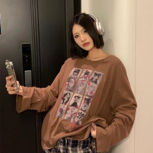 American Creative Portrait Printed Long Sleeve T-Shirt for Couples - Casual Loose Fit Top for Spring/Summer 2025