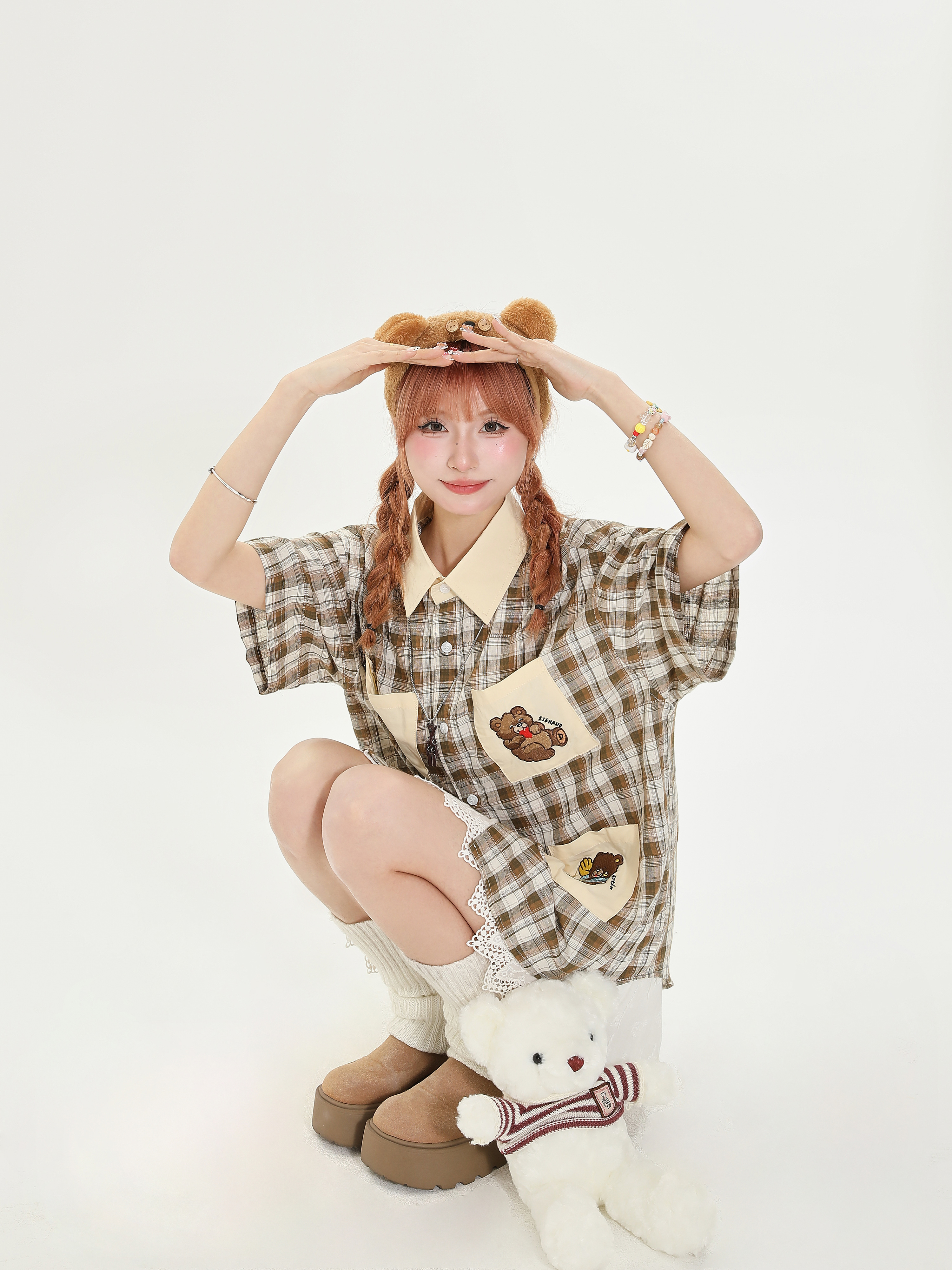 American Retro Bear Embroidery Multi-Pocket Short Sleeve Shirt for Women, Plaid College Style, Versatile Y2K Half-Sleeve Top