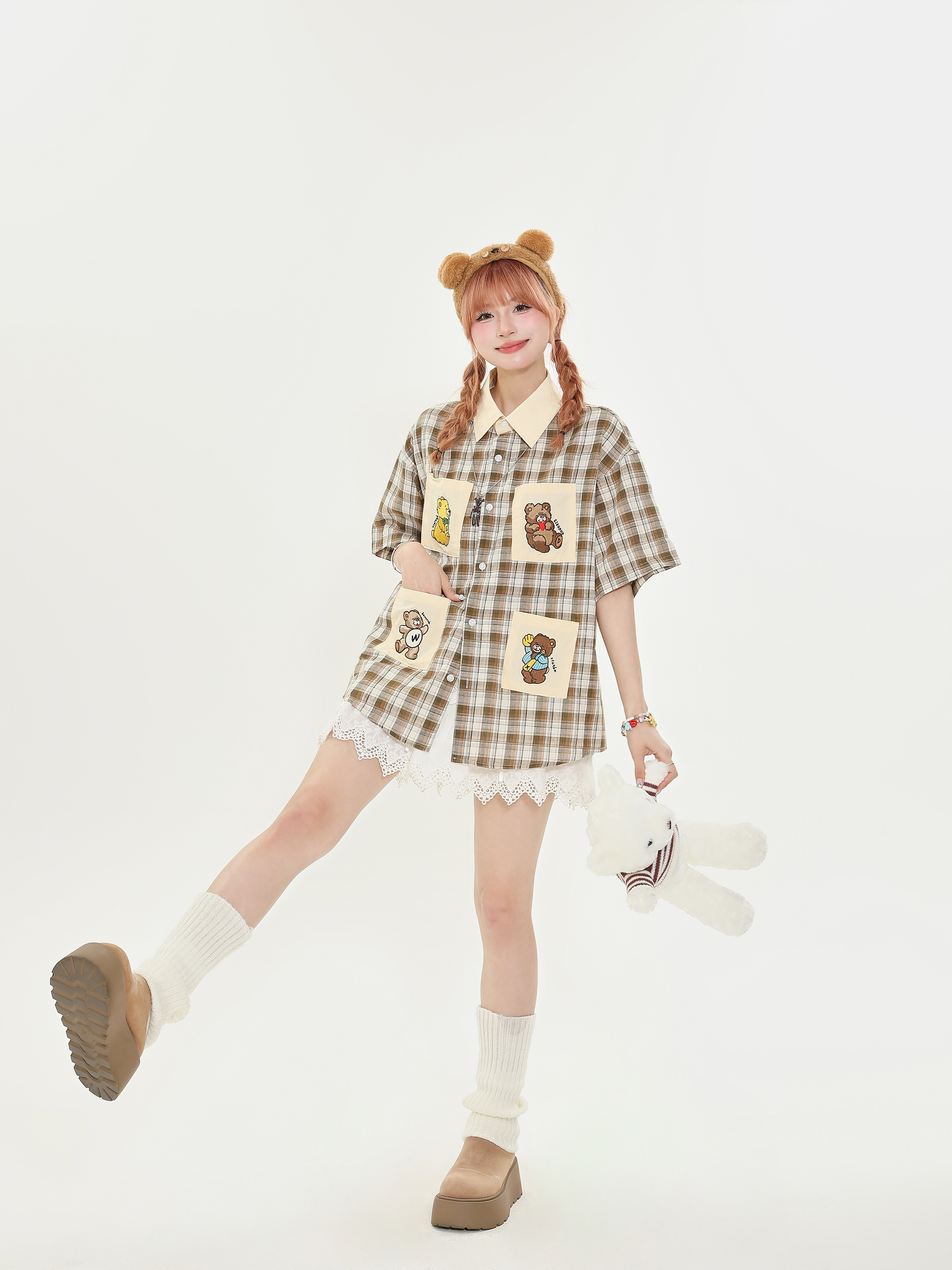 American Retro Bear Embroidery Multi-Pocket Short Sleeve Shirt for Women, Plaid College Style, Versatile Y2K Half-Sleeve Top