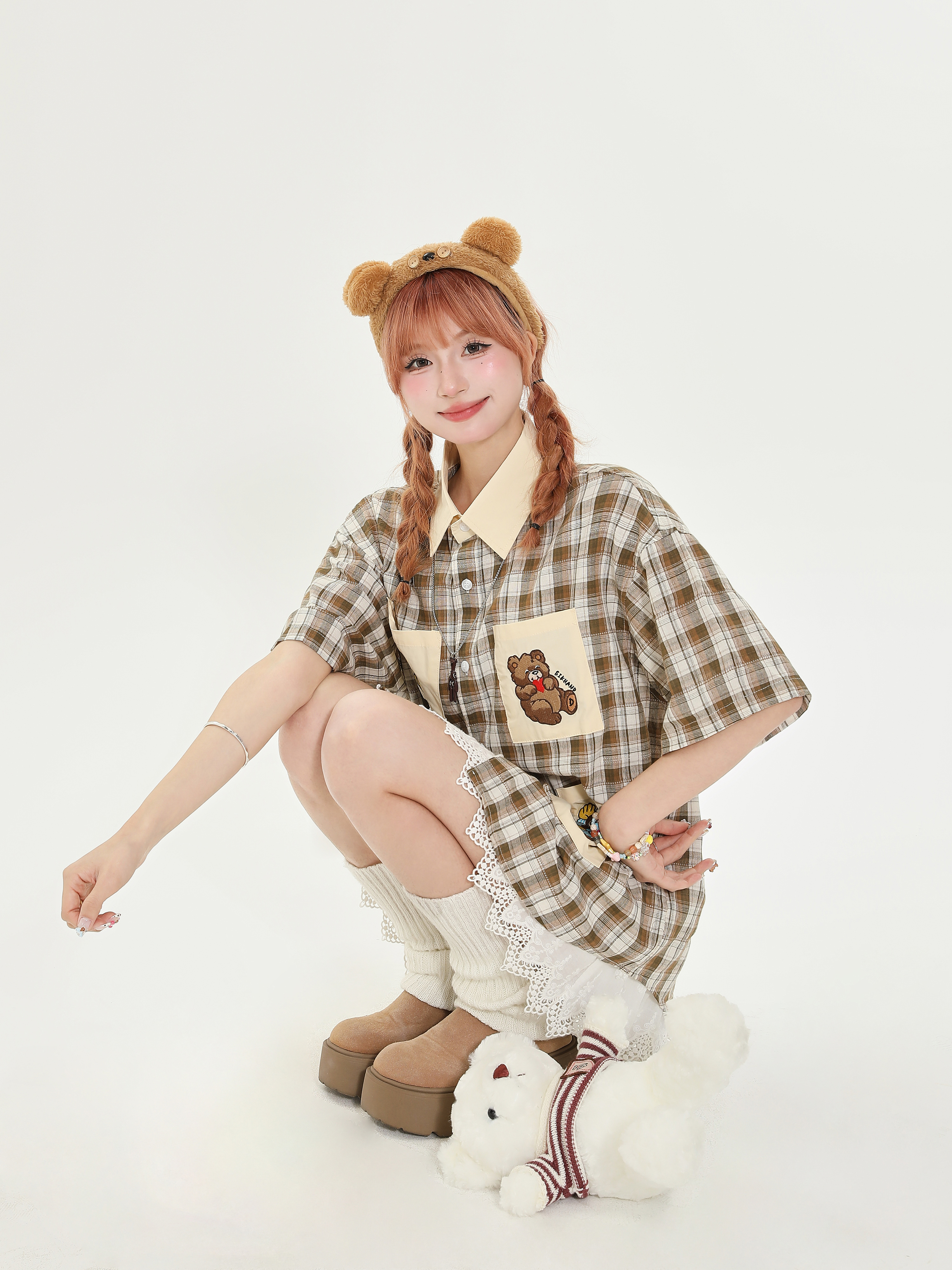 American Retro Bear Embroidery Multi-Pocket Short Sleeve Shirt for Women, Plaid College Style, Versatile Y2K Half-Sleeve Top