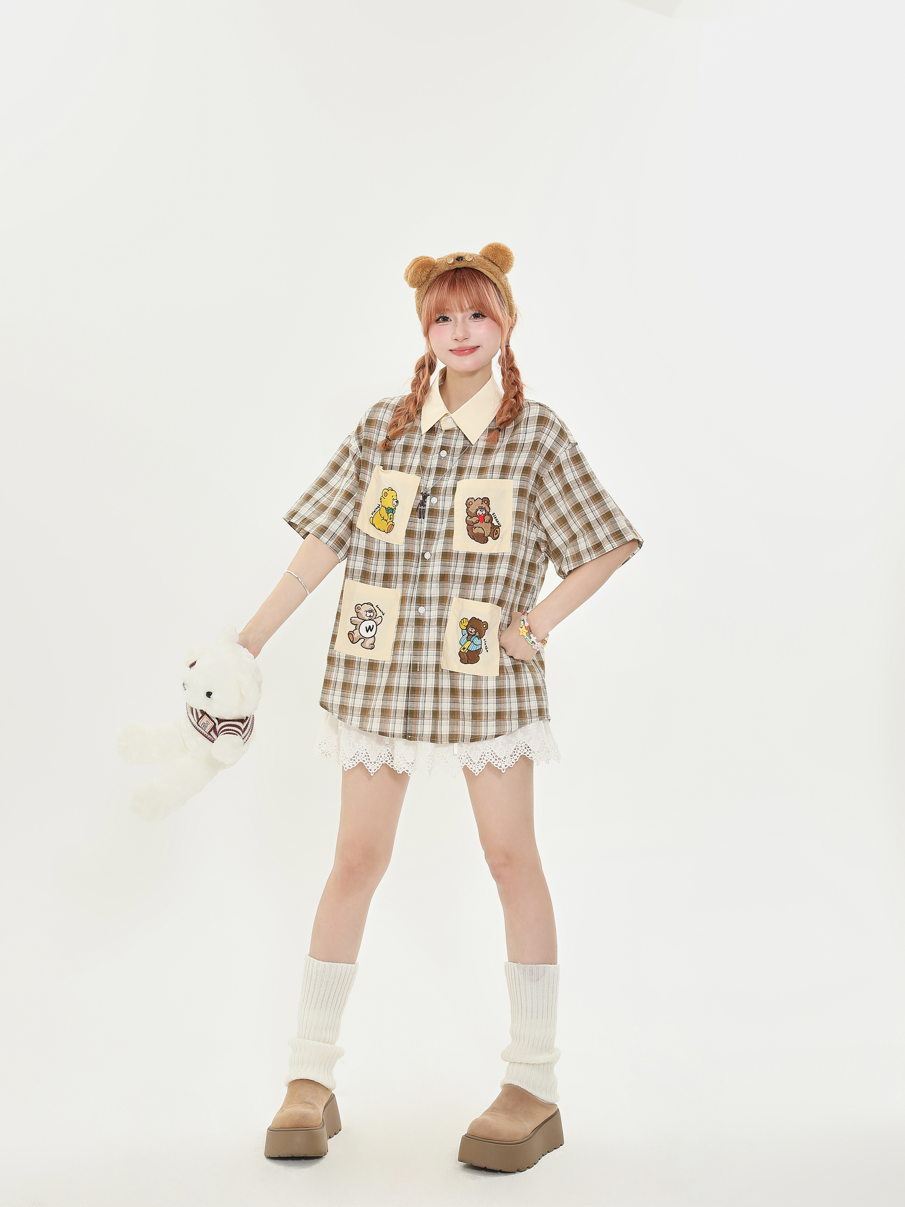 American Retro Bear Embroidery Multi-Pocket Short Sleeve Shirt for Women, Plaid College Style, Versatile Y2K Half-Sleeve Top