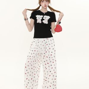 American Retro Bow Tie Cat Print Casual Wide-Leg Pants for Women - Summer Lazy Style Straight Fit