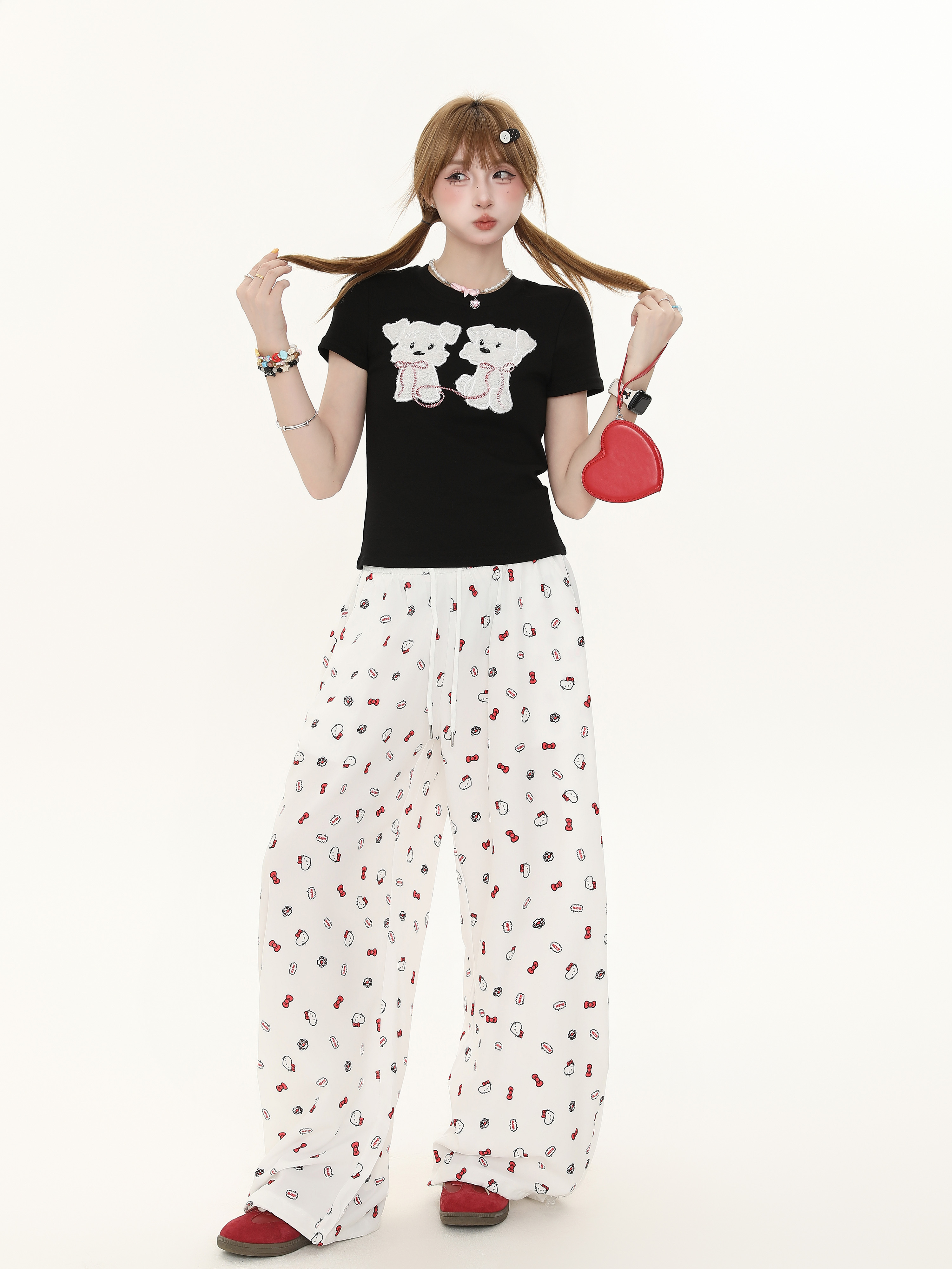 American Retro Bow Tie Cat Print Casual Wide-Leg Pants for Women - Summer Lazy Style Straight Fit