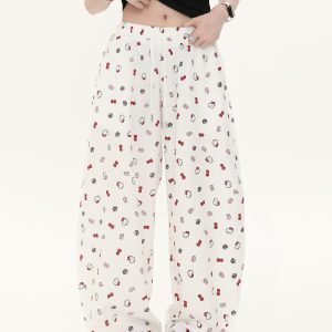 American Retro Bow Tie Cat Print Casual Wide-Leg Pants for Women - Summer Lazy Style Straight Fit