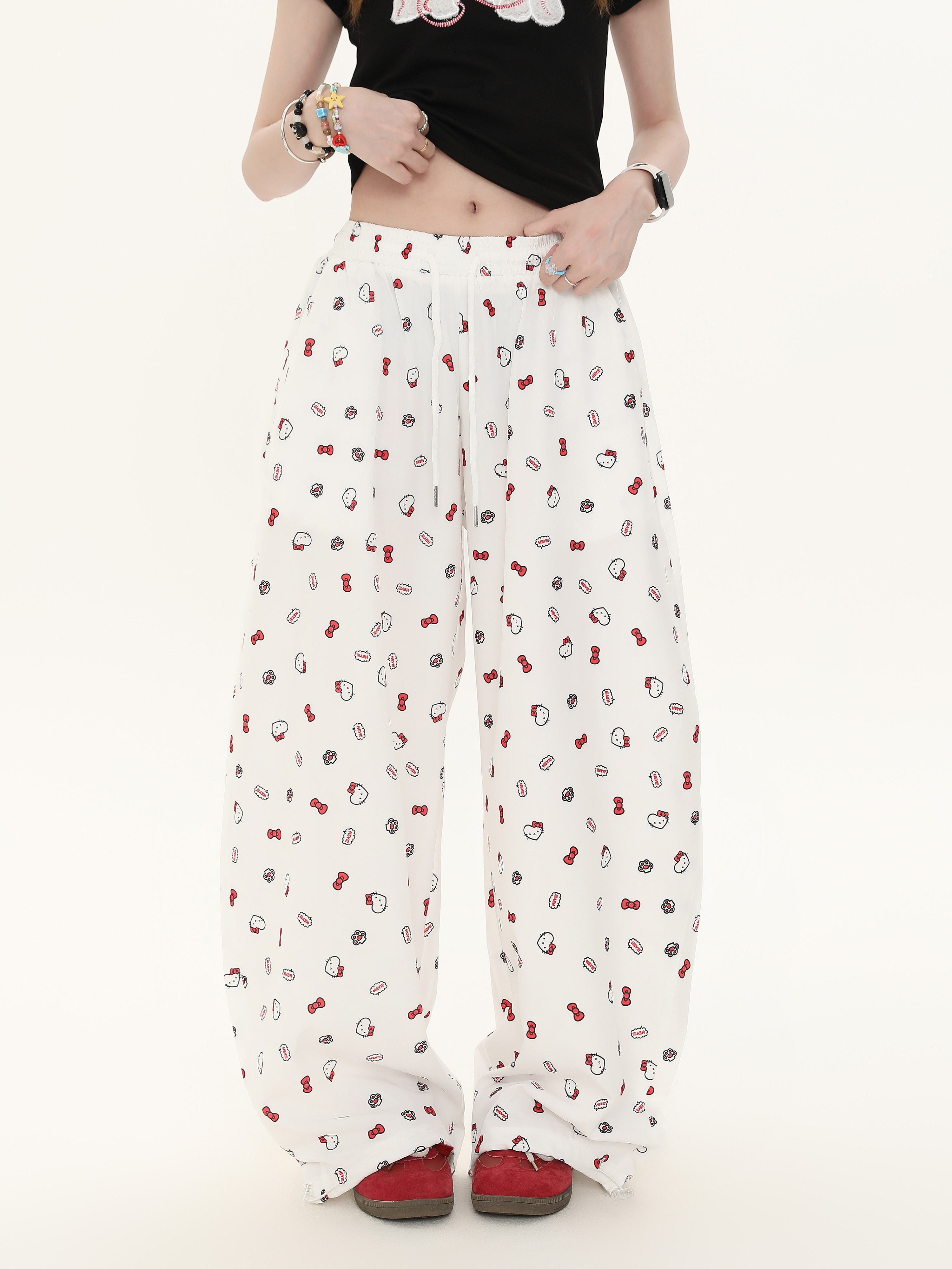 American Retro Bow Tie Cat Print Casual Wide-Leg Pants for Women - Summer Lazy Style Straight Fit