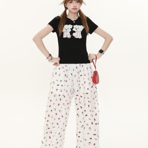 American Retro Bow Tie Cat Print Casual Wide-Leg Pants for Women - Summer Lazy Style Straight Fit