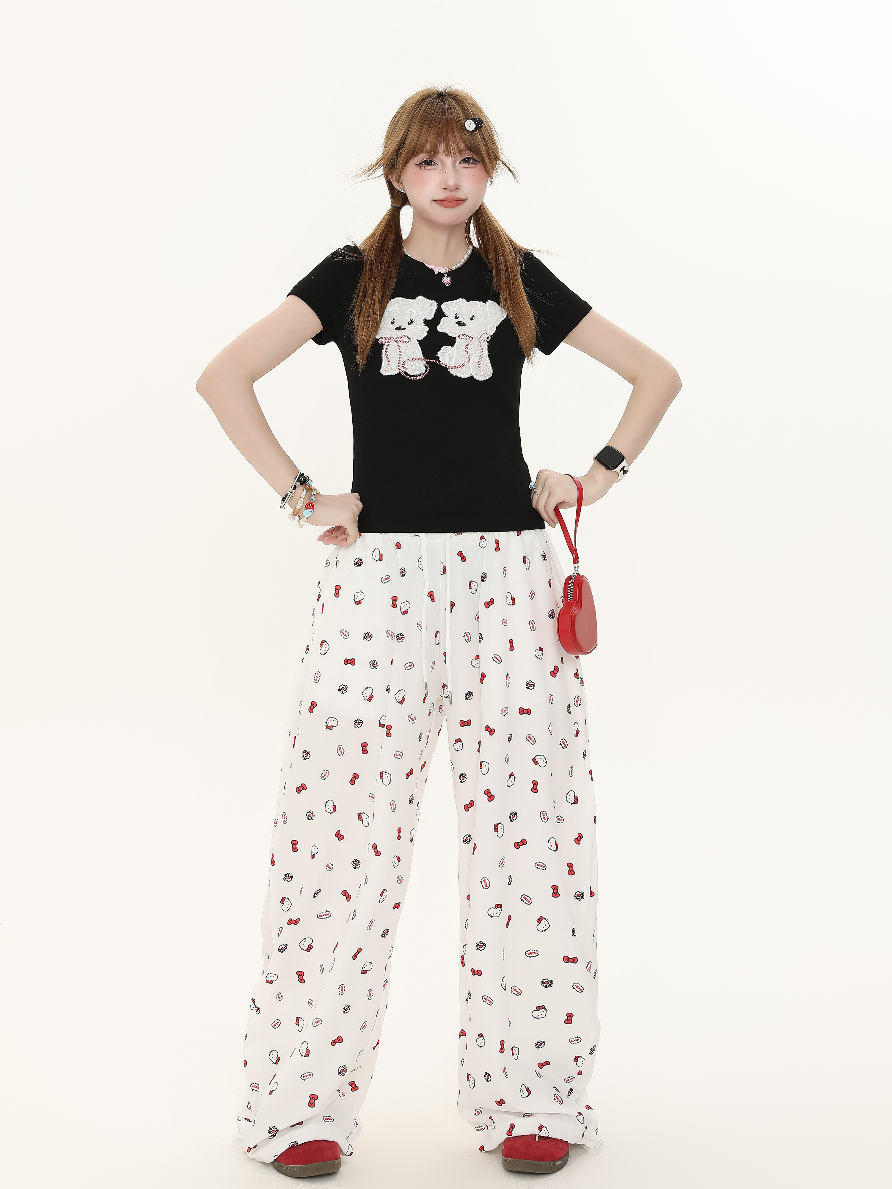American Retro Bow Tie Cat Print Casual Wide-Leg Pants for Women - Summer Lazy Style Straight Fit