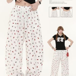 American Retro Bow Tie Cat Print Casual Wide-Leg Pants for Women - Summer Lazy Style Straight Fit