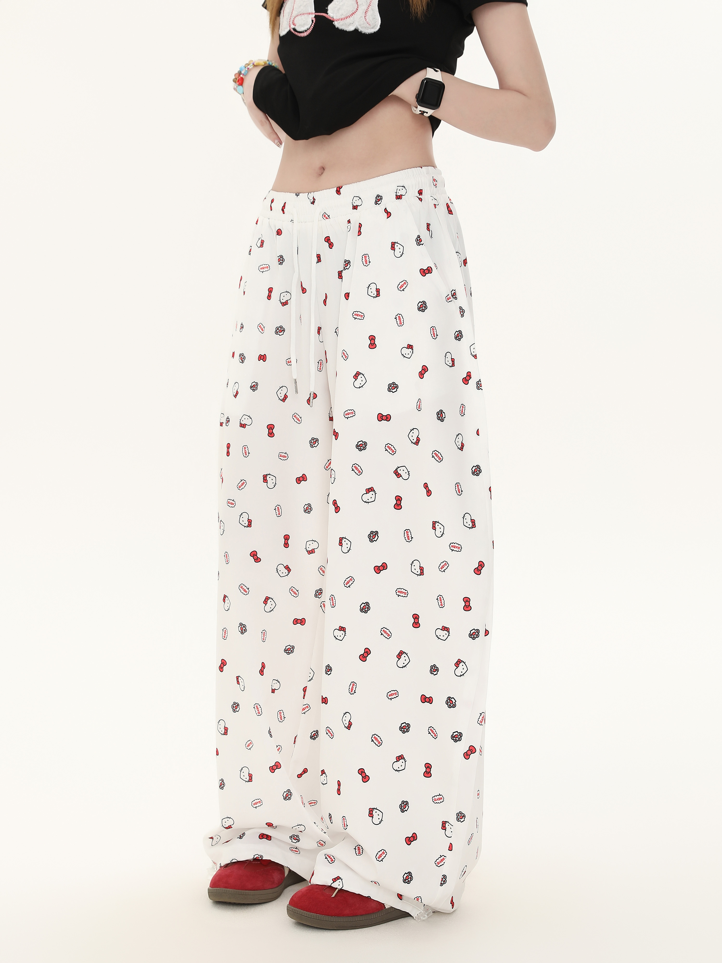 American Retro Bow Tie Cat Print Casual Wide-Leg Pants for Women - Summer Lazy Style Straight Fit