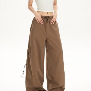 American Retro Brown High-Waisted Slim-Fit Cargo Pants for Women - Loose Casual Wide-Leg Trousers, 2025 Y2K Style