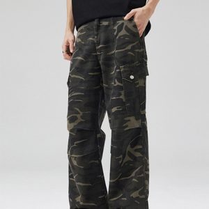 American Retro Camouflage Cargo Pants for Men - Loose Fit, Slightly Flared Straight-Leg, Multi-Pocket Casual Style