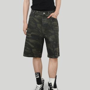 American Retro Camouflage Multi-Pocket Work Shorts for Summer - Heavy-Duty Loose Casual Denim Mid-Length Five-Point Design