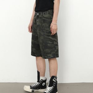 American Retro Camouflage Multi-Pocket Work Shorts for Summer - Heavy-Duty Loose Casual Denim Mid-Length Five-Point Design