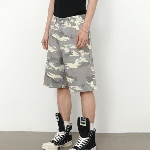American Retro Camouflage Multi-Pocket Work Shorts for Summer - Heavy-Duty Loose Casual Denim Mid-Length Five-Point Design