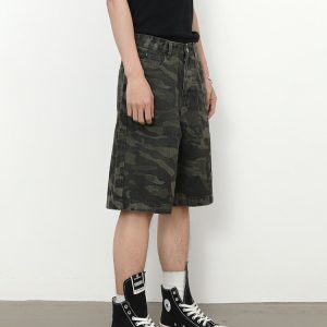 American Retro Camouflage Multi-Pocket Work Shorts for Summer - Heavy-Duty Loose Casual Denim Mid-Length Five-Point Design