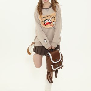 American Retro Cartoon Spotted Dog Embroidered Color-Block Round Neck Sweatshirt for Women - Fleece Pullover Top for Autumn/Winter
