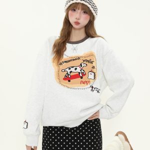 American Retro Cartoon Spotted Dog Embroidered Color-Block Round Neck Sweatshirt for Women - Fleece Pullover Top for Autumn/Winter
