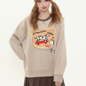 American Retro Cartoon Spotted Dog Embroidered Color-Block Round Neck Sweatshirt for Women - Fleece Pullover Top for Autumn/Winter
