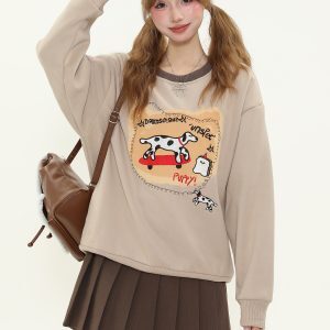 American Retro Cartoon Spotted Dog Embroidered Color-Block Round Neck Sweatshirt for Women - Fleece Pullover Top for Autumn/Winter