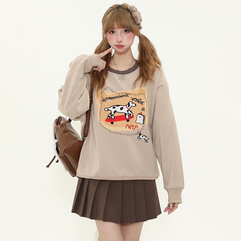 American Retro Cartoon Spotted Dog Embroidered Color-Block Round Neck Sweatshirt for Women - Fleece Pullover Top for Autumn/Winter