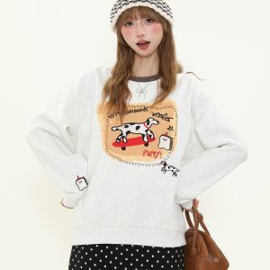 American Retro Cartoon Spotted Dog Embroidered Color-Block Round Neck Sweatshirt for Women - Fleece Pullover Top for Autumn/Winter