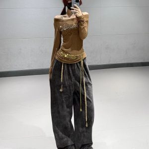 American Retro Coffee Color Drawstring Casual Pants for Women - Elastic Waist Long Sporty Trousers for Autumn Winter Dance
