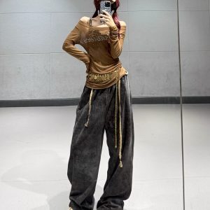 American Retro Coffee Color Drawstring Casual Pants for Women - Elastic Waist Long Sporty Trousers for Autumn Winter Dance