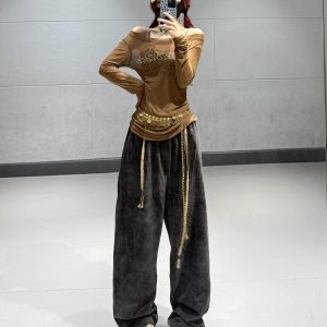 American Retro Coffee Color Drawstring Casual Pants for Women - Elastic Waist Long Sporty Trousers for Autumn Winter Dance