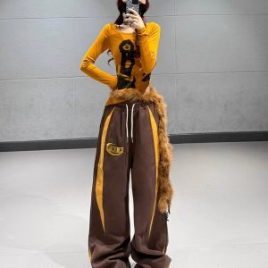 American Retro Coffee Color Spliced Sports Pants for Women - Casual Long Dance Performance Straight Leg Trousers