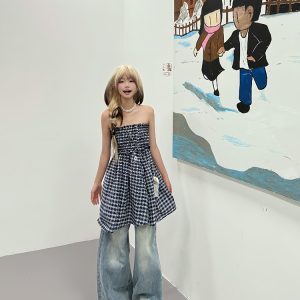 American Retro Color-Blocked Plaid Strapless Half Skirt Dress - Two-Way Wear, Waist-Cinching, Summer Women's Slim A-Line Style