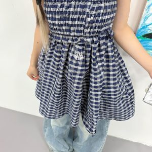 American Retro Color-Blocked Plaid Strapless Half Skirt Dress - Two-Way Wear, Waist-Cinching, Summer Women's Slim A-Line Style