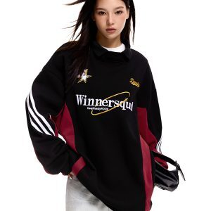 American Retro Color-Blocked Polo Collar Sweatshirt - Unisex Embroidered Sports Jersey Loose Fit Top