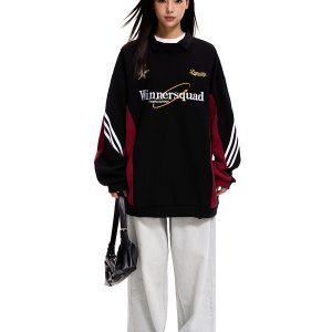 American Retro Color-Blocked Polo Collar Sweatshirt - Unisex Embroidered Sports Jersey Loose Fit Top