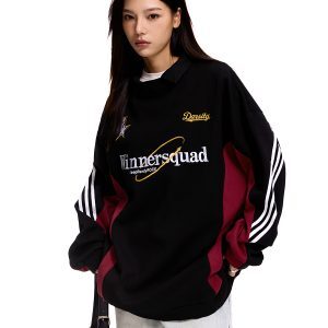 American Retro Color-Blocked Polo Collar Sweatshirt - Unisex Embroidered Sports Jersey Loose Fit Top