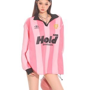 American Retro Color-Blocking Striped Loose Polo T-Shirt - Jersey Style for Early Autumn Couples
