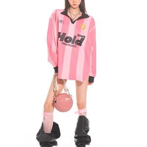 American Retro Color-Blocking Striped Loose Polo T-Shirt - Jersey Style for Early Autumn Couples