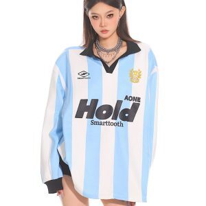 American Retro Color-Blocking Striped Loose Polo T-Shirt - Jersey Style for Early Autumn Couples